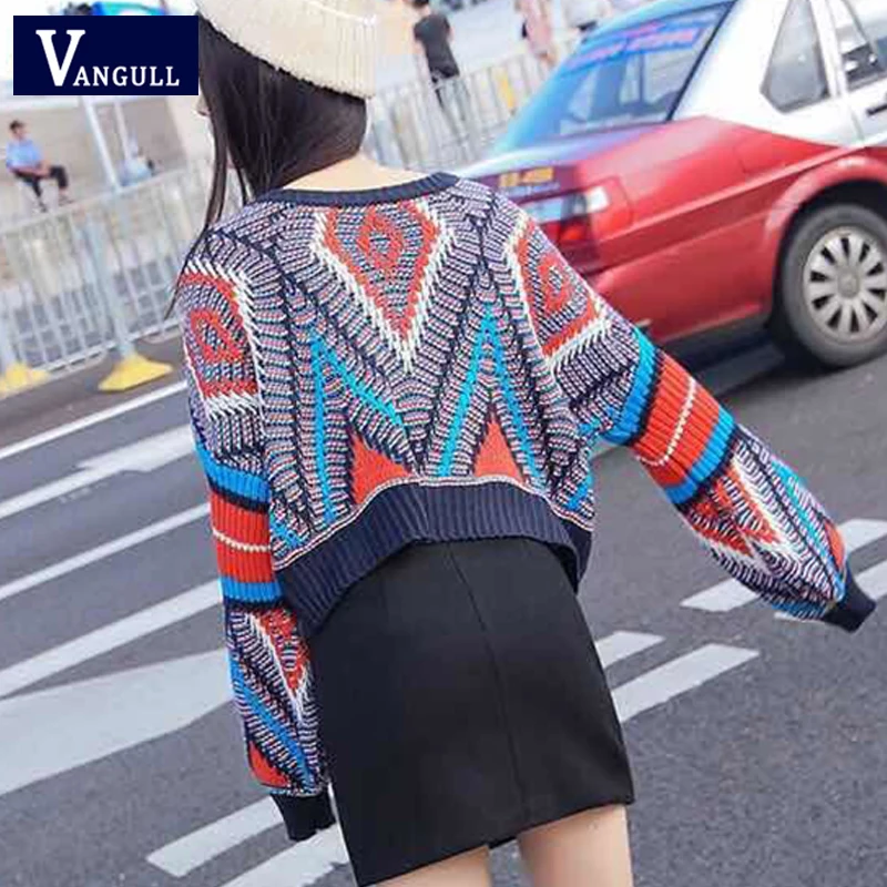Vangull Argyle красочный Женский вязаный свитер осень зима мода длинный рукав o-образный вырез пуловеры повседневные свободные короткие свитера