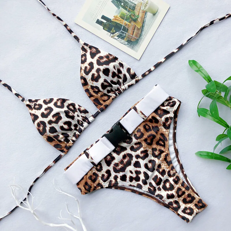 2019 для женщин пикантные Push Up Leopard набор бикини с узором ремни Высокая талия