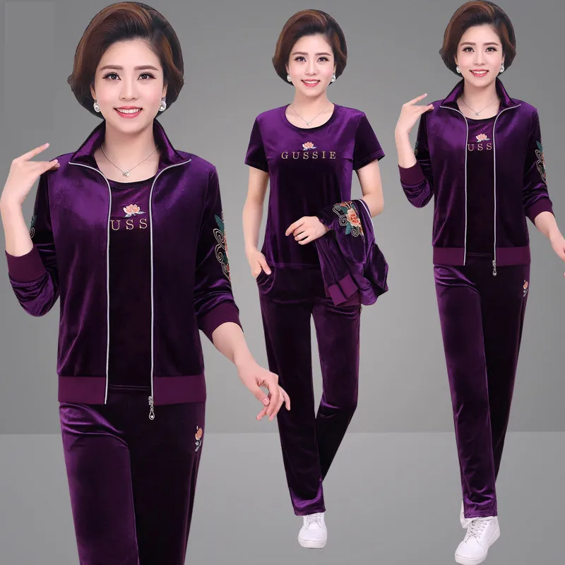 purple Большой размер 5XL, комплект из трех предметов, Женский Повседневный Бархатный спортивный костюм для мамы, футболка с принтом, короткое пальто и штаны, свободная Спортивная одежда для бега, femme - Цвет: purple