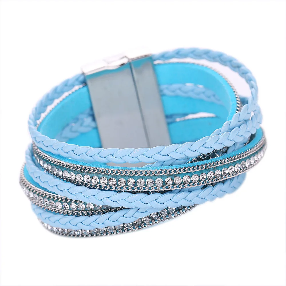 Многослойный плетеный кожаный браслет ручной работы со стразами и магнитной