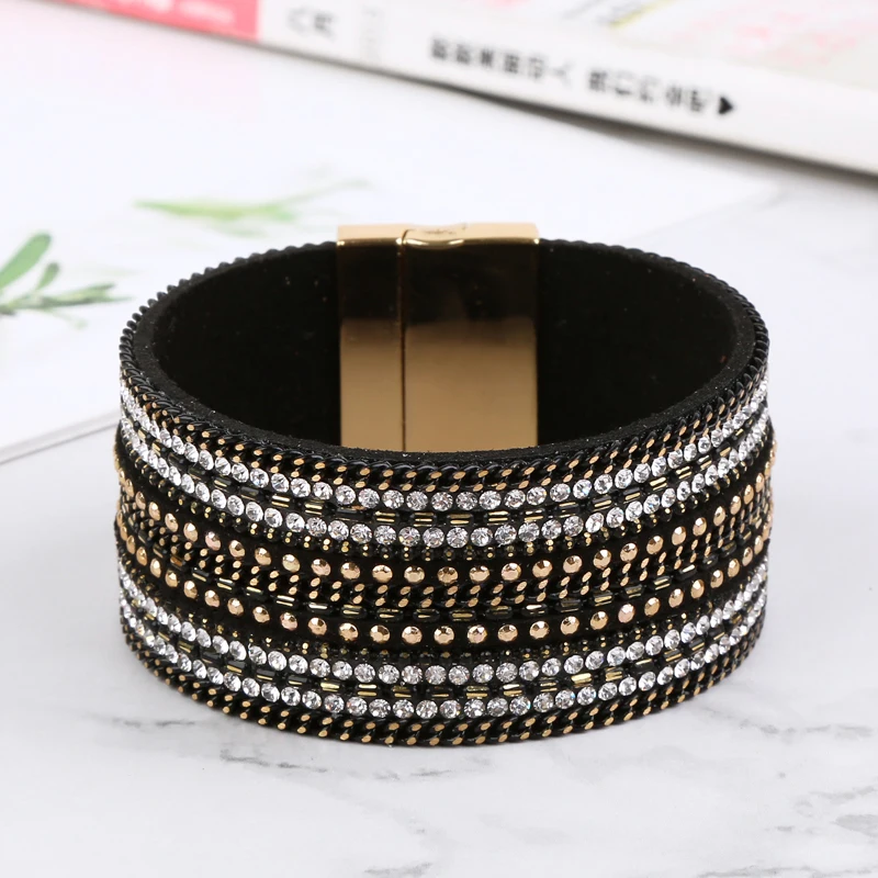 Многослойный браслет из бархатной ленты с ринестонами и магнитной застежкой, золотого и серого цвета, HX Fashion Jewelry.