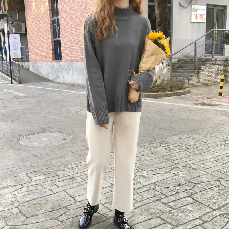 Женские свободные Kawaii плотное Цвет свитеры с высоким воротом Свободный Леди