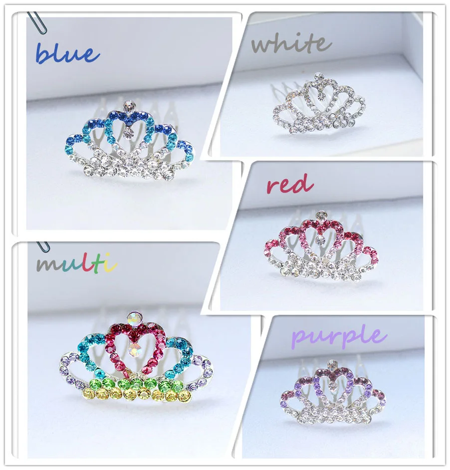 Красочные Rhinestone металла мини-Корона гребни для модная одежда для девочек с цветочным узором для девочек вечерние Тиара для волос аксессуары для волос