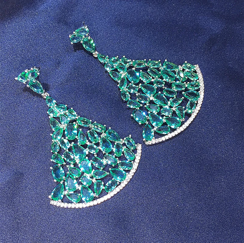 Роскошные большие серьги Be8 с зеленым фианитом посеребренные для женщин модные