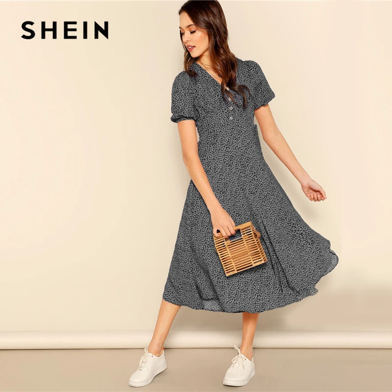 SHEIN модное женское платье с v-образным вырезом и пуговицами спереди,, шикарное летнее бордовое ТРАПЕЦИЕВИДНОЕ ПЛАТЬЕ С Коротким Рукавом и расклешенными рукавами