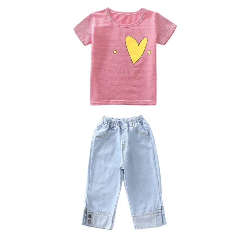 Детская одежда летняя для девочек костюмы маленьких детей футболка + джинсовые