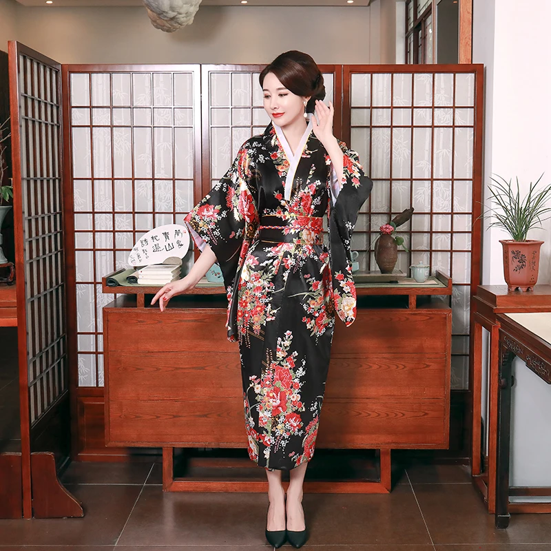 Loose Dress Japanese Style Print Yukata With Obi Black Stage Performance Clothing Sexy Women Satin Kimono Bathrobe Gown | Тематическая