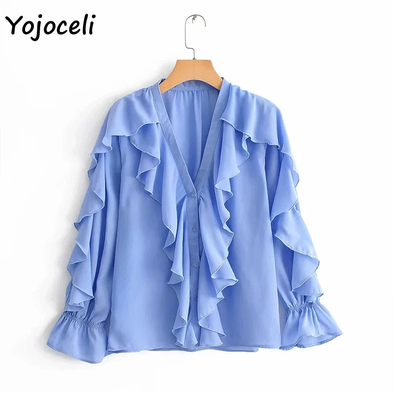 Yojoceli Синий рюшами женские блузки рубашки лето 2019 г. Уличная blusas feamle повседневное v