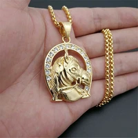 jockey club horse head pendants necklaces for womenmen gold color stainless steel horseshoe iced out bling hip hop jewelry