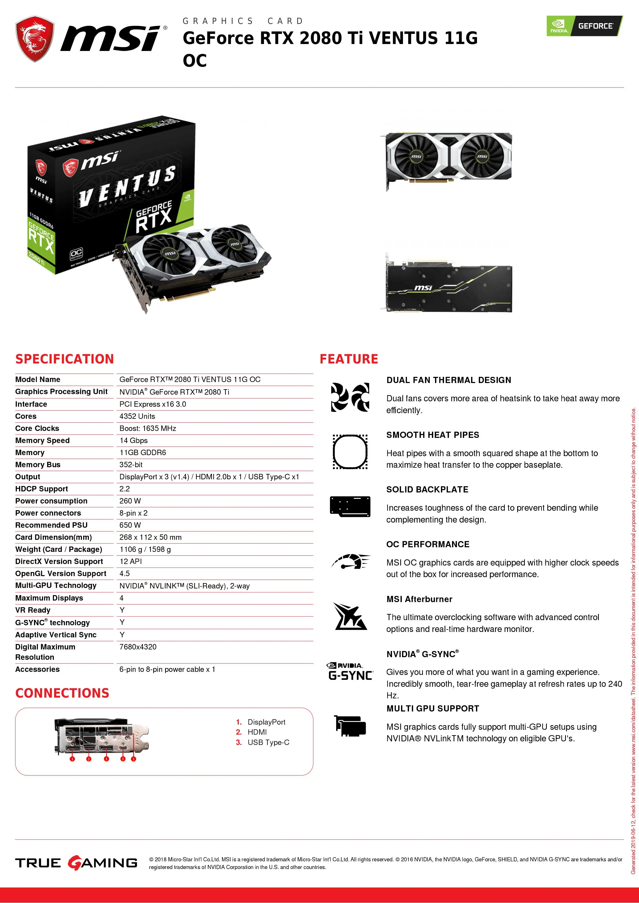 MSI graphics card GeForce RTX 2080Ti VENTUS 11G OC 11GB GDDR6 1635 MHz 4352 Units 352-bit 14 Gbps PCI Express x16 3.0 видеокарта