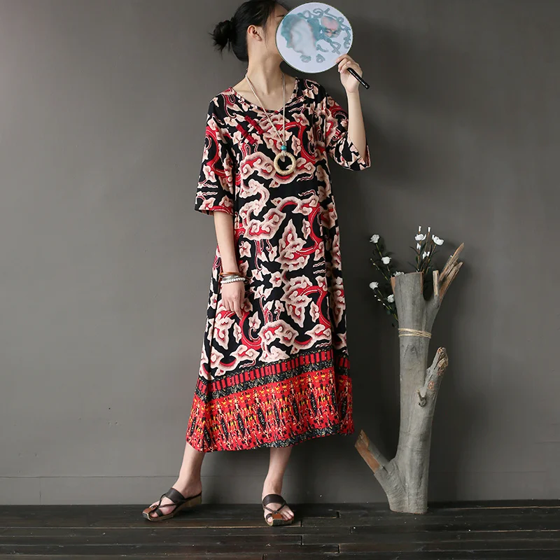 Женское платье с цветочным принтом Johnature повседневное винтажное Свободное в