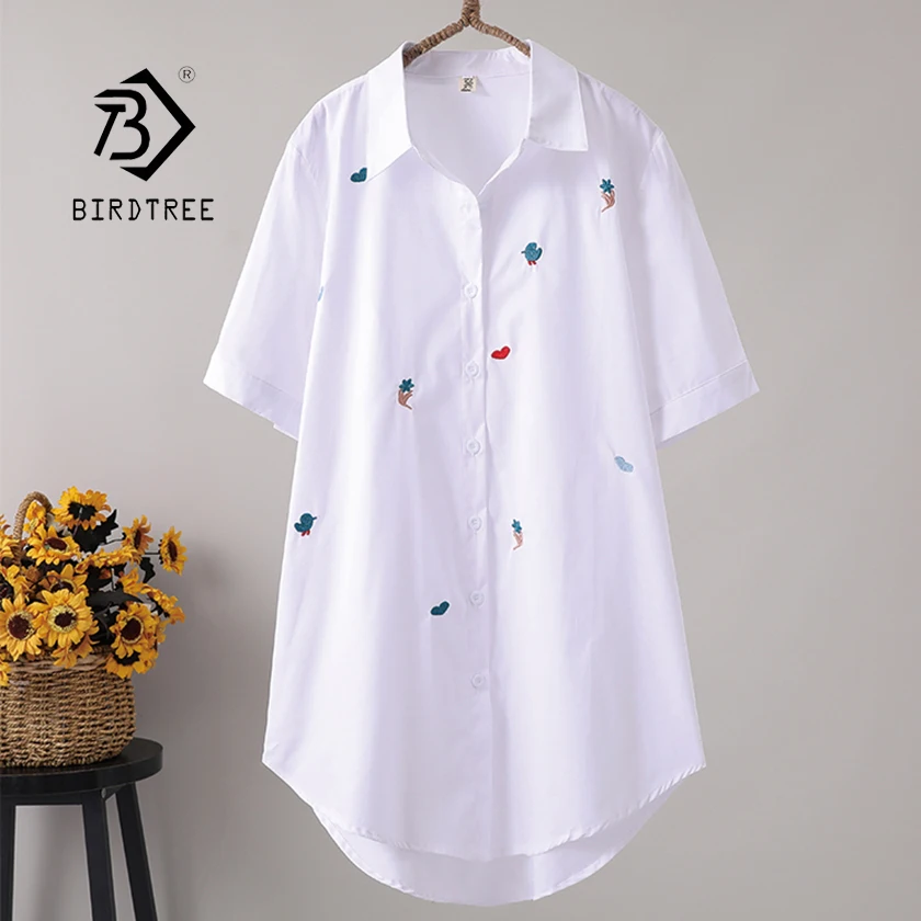 New Arrival Women Heart Embroidery Long Cotton White Blouse Summer Short Sleeve Female Shirt Turn-Down Collar Top T96405F | Женская