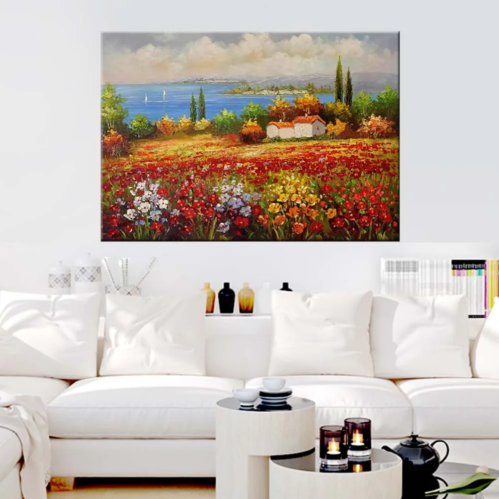 

Hand Painted Abstract Flower House Landscape Canvas Wall Oil Painting Abstract Flower Art Picture Living Room Bedroom Home Decor