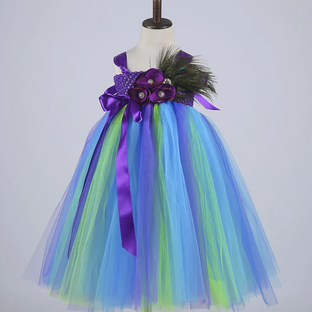 Peacock Princess Tutu Dress Flower Feathers Girl Party Dress Kids Pageant Ball Gowns for Girls Wedding Halloween Dress Costume - Цвет: Фиолетовый