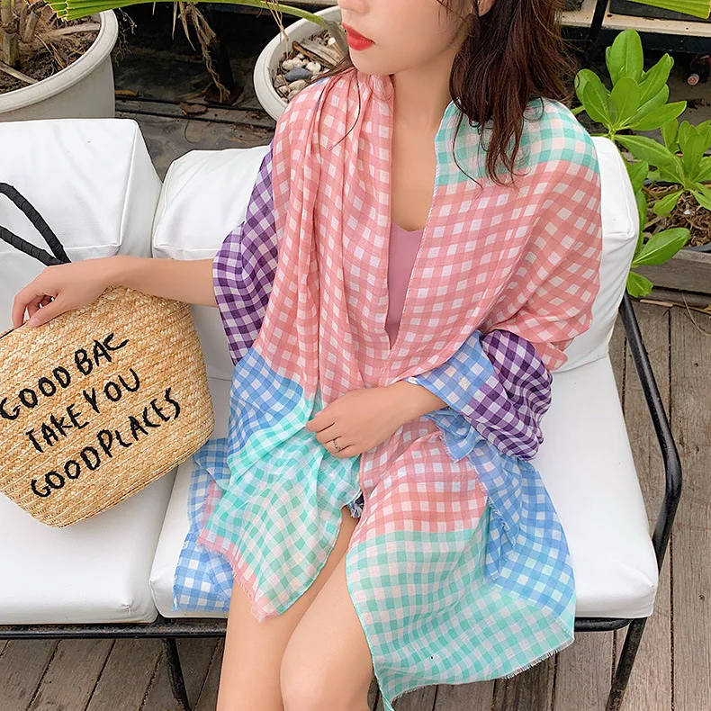 Cotton and Linen Scarf Women Spring Autumn Thin Blue Little Plaid Check Shawl Versatile New Travel Sunscreen Beach Towel |