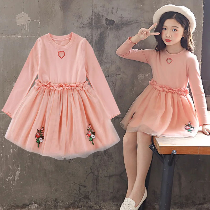 Платье с длинными рукавами и цветочным рисунком для девочек 2018 осенне-зимнее