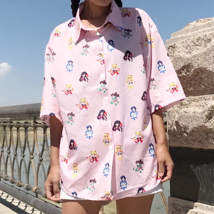 Daddy Chen Blusas Algodon, Ретро стиль, Mujer, розовая рубашка Сейлор Мун, милая мультяшная футболка, женская рубашка на пуговицах, свободная, короткий рукав, Kawaii