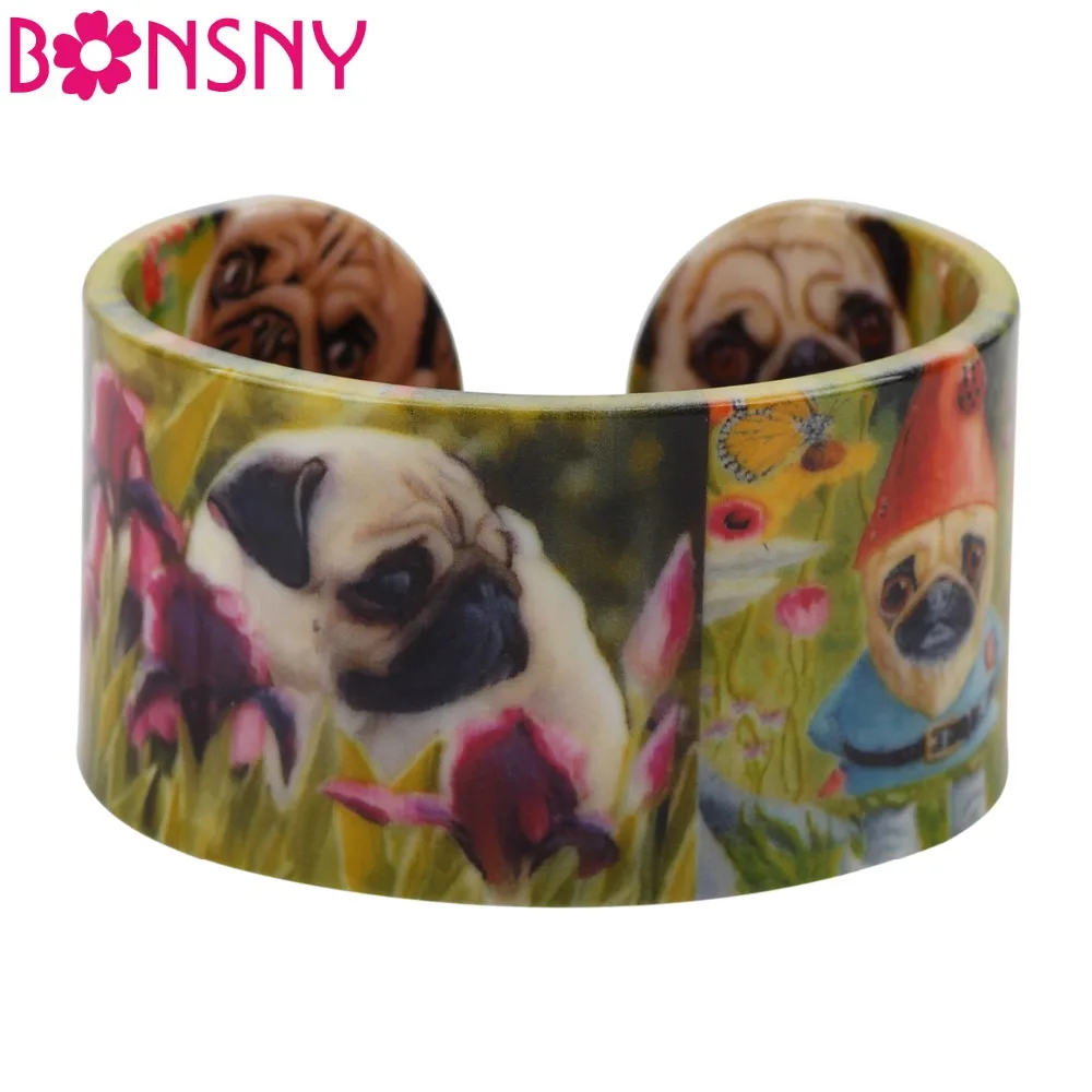 Bonsny акриловые широкие браслеты с рисунком бульдога мопса собаки новинка милые