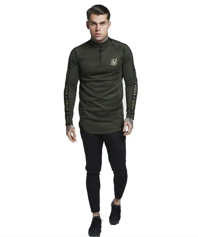 Зеленый New Fashion Men Sik Silk Embroidery Solid Color Elastic T shirt High Zipper Collar Elastic Long-Sleeved Men Slim Casual T-shirts - Цвет: Зеленый