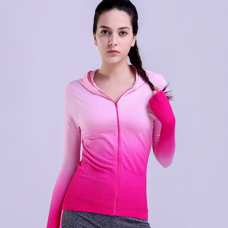 [Clearance] градиент Цвет куртка для бега Для женщин с длинным рукавом быстросохнущая футболка для йоги, для йоги, под заказ,, быстро сохнет, с капюшоном спортивная топ S-L