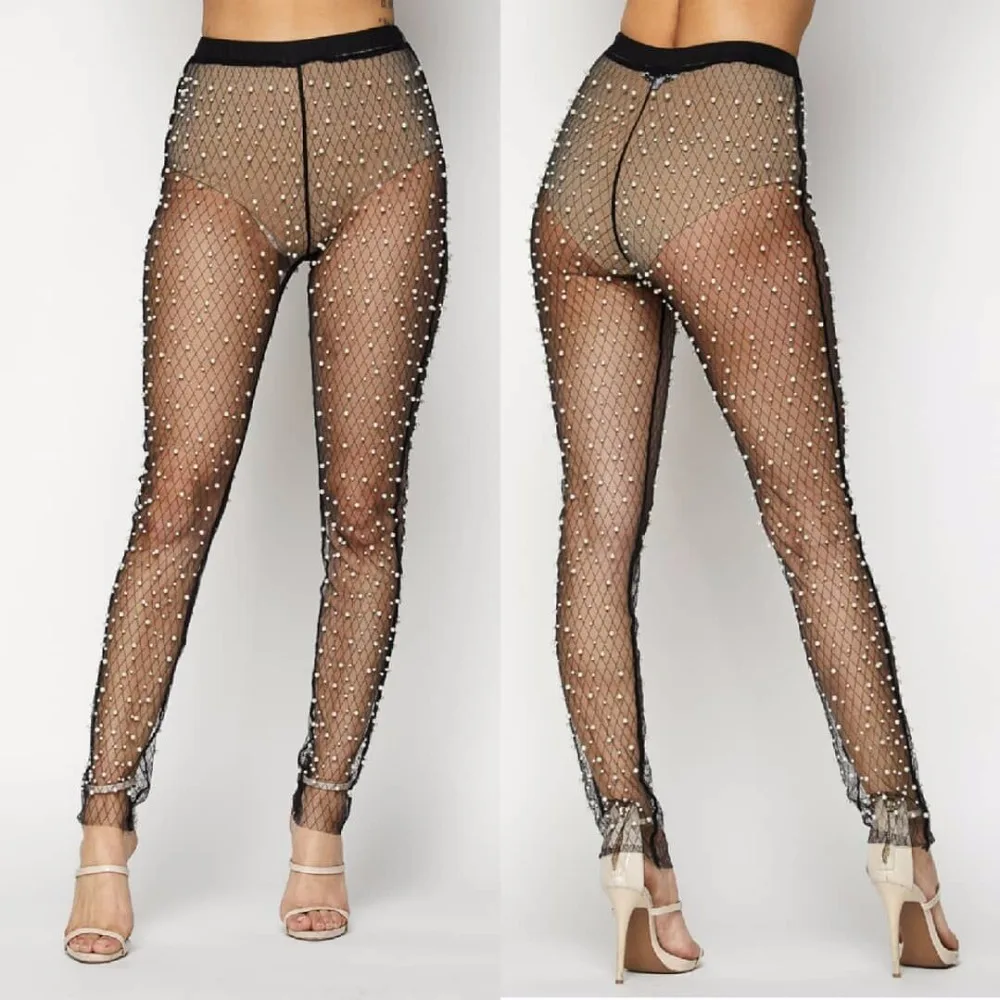 Женские Клубные тонкие брюки-карандаш с сеточкой и жемчугом новинка для пляжа