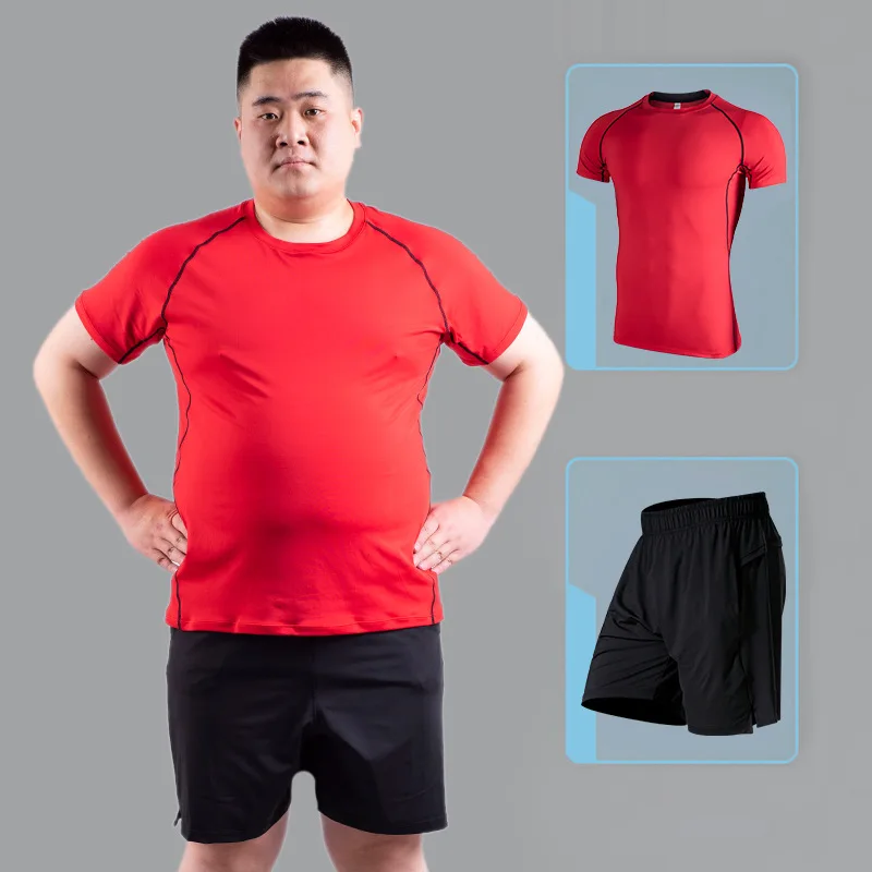 Men's Large size Fitness clothes Set speed dry stretch loose T-shirt gym fat man's short sleeve sportswear | Спорт и