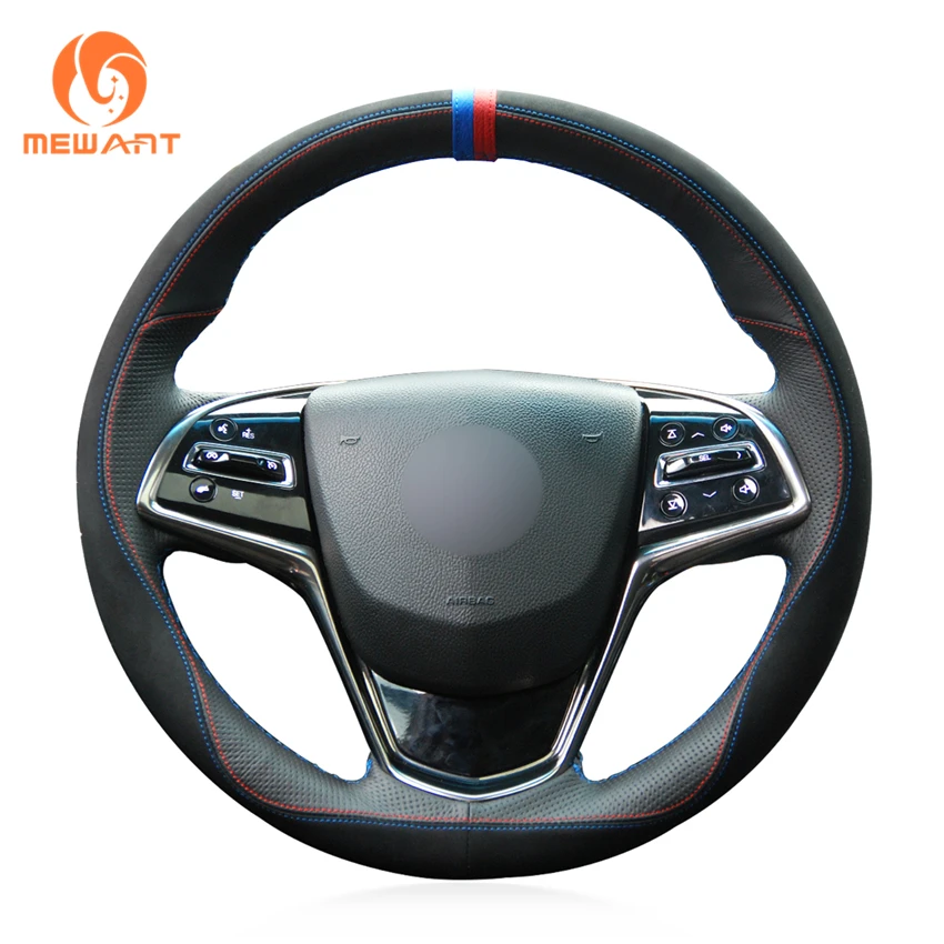MEWANT натуральная черная кожа замша с синим красным маркером чехол на руль для Cadillac