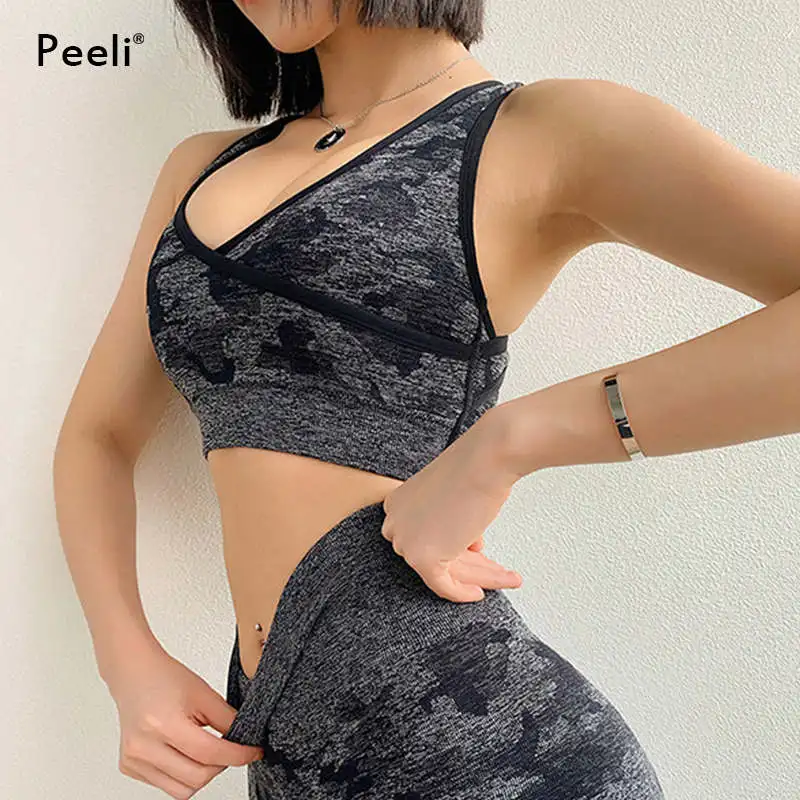 Black Peeli, камуфляжный бесшовный спортивный бюстгальтер, топ, ударопрочный пуш-ап бюстгальтер с подушечками для йоги спортивный бюстгальтер для бега, нижнее белье для фитнеса, спортивный топ, Femme - Цвет: Black