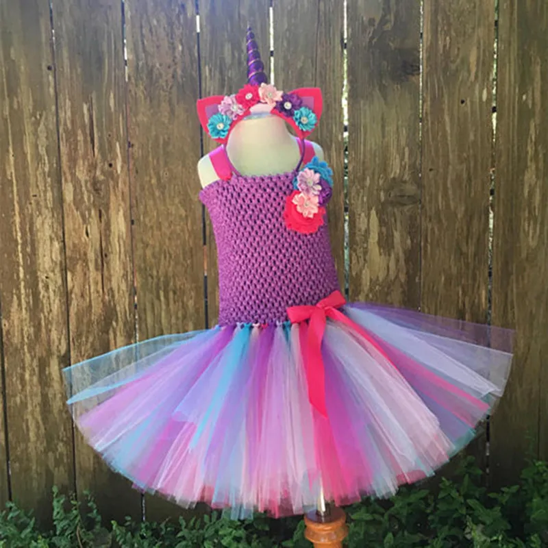 Girls Tutu Dress Fancy Rainbow Princess Unicorn with Headband Christmas Halloween Costume for Kids Girl Party 1-14Y | Детская одежда и