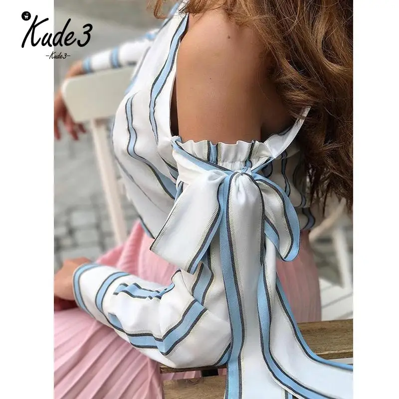 Женские топы на одно плечо Полосатый пуловер с длинными рукавами бант