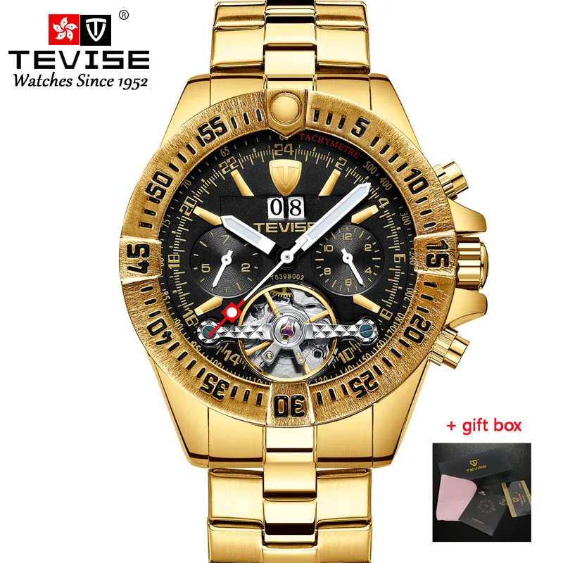 gold black Tevise мужские Tourbillon автоматические механические часы лучший бренд класса люкс золотые для мужчин с автоматическим заводом наручные часы Relogio Masculino - Цвет: gold black