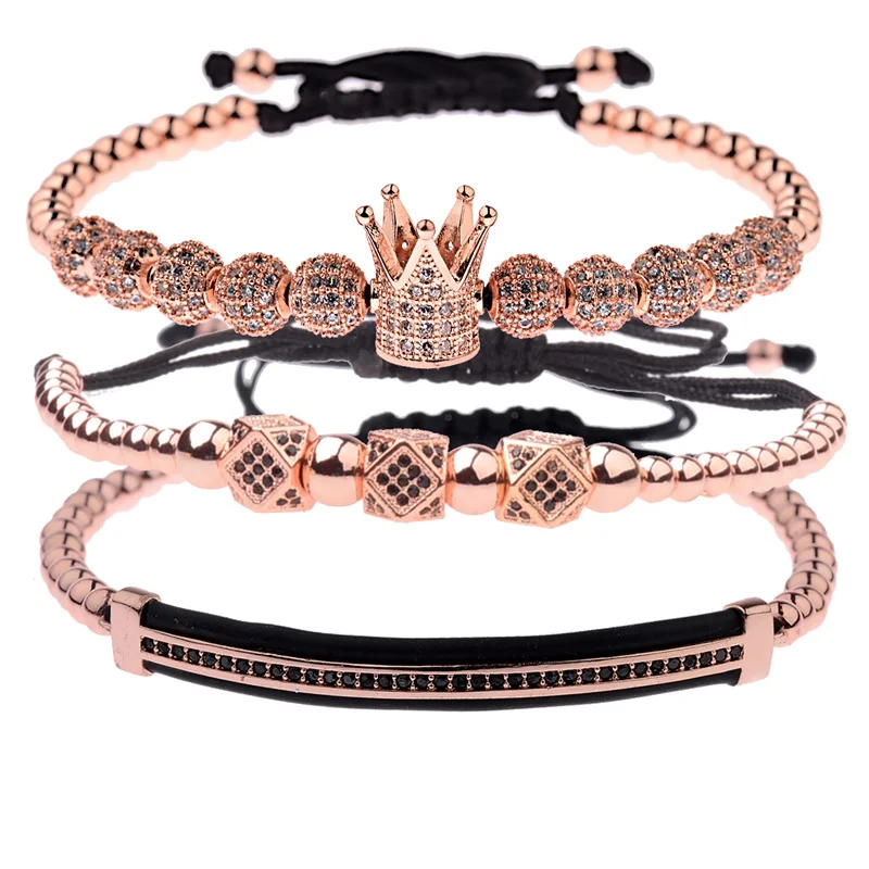 Rose Gold Amader 3 шт./компл. Роскошные шарик из кубического диоксида циркония Корона Шарм Медь бисера браслеты-Макраме для мужчин ручной работы Длинные трубки комплект браслеты и - Окраска металла: Rose Gold