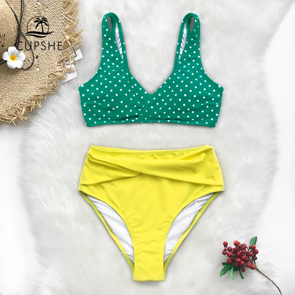 CUPSHE зеленый горошек и желтый с высокой талией на бретелях бикини наборы для