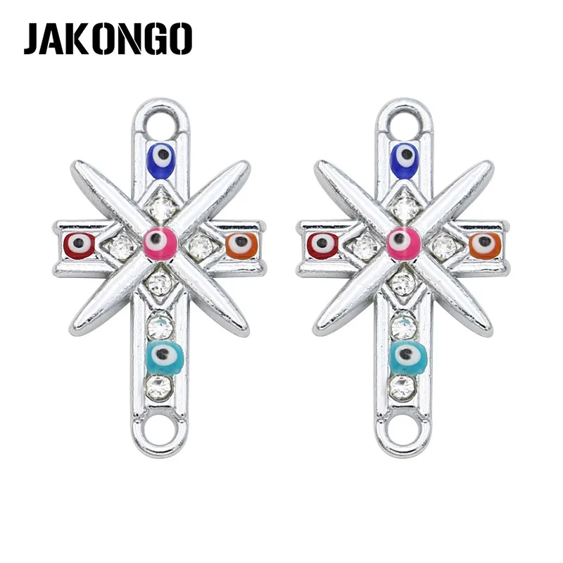 JAKONGO Silver Plated Crystal Cross Evil Eye Connector for Jewelry Making Bracelet Findings DIY Accessories 24x14mm 5pcs | Украшения и