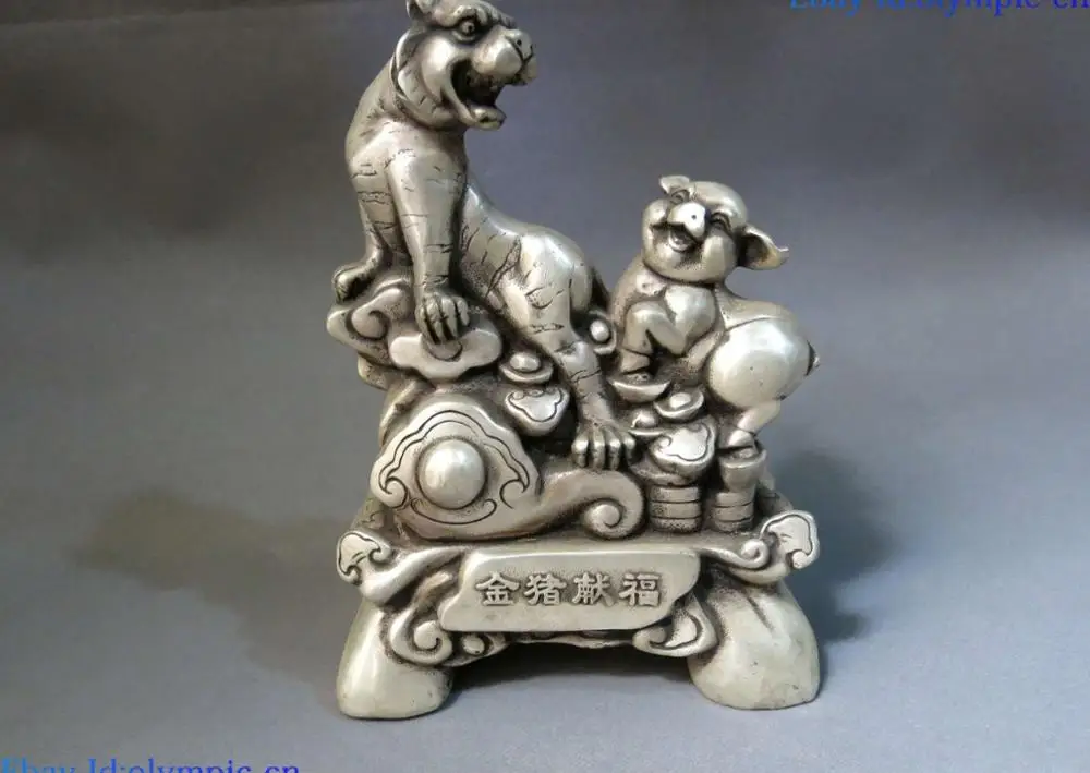 Китайская Серебряная резная статуя фэн шуй lucky riche и honor tiger pig|Статуи скульптуры| |