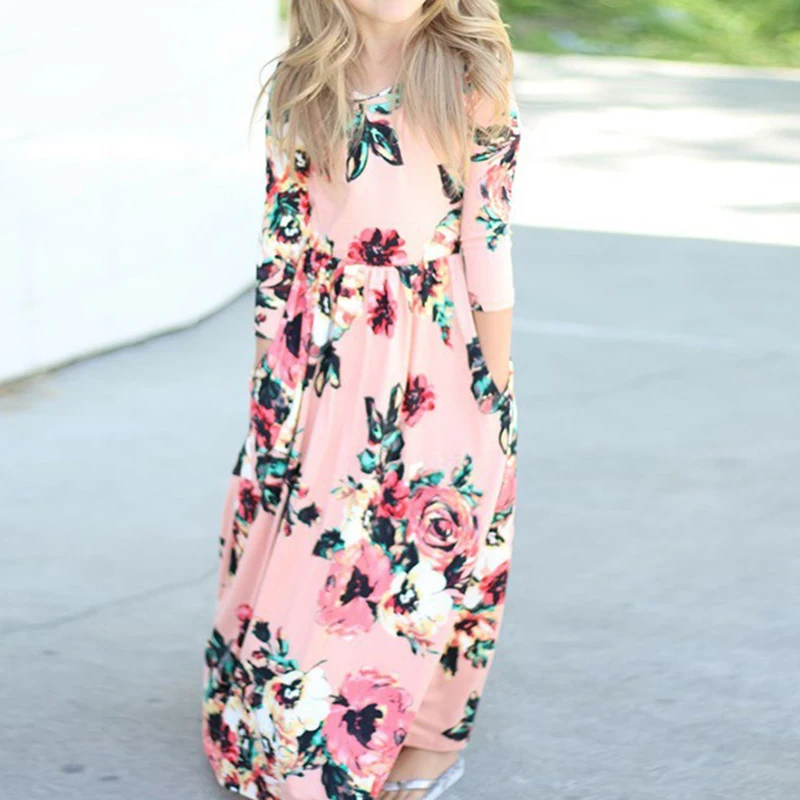 PatPat Girl's Pretty Floral Printed Long Sleeve Maxi Dress Round Neck Half Sleeves And Ankle-Length | Детская одежда и обувь