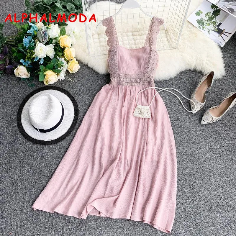 ALPHALMODA летнее праздничное платье с кружевными лямками и высокой талией, женское однотонное Повседневное платье, Пляжное женское платье-миди