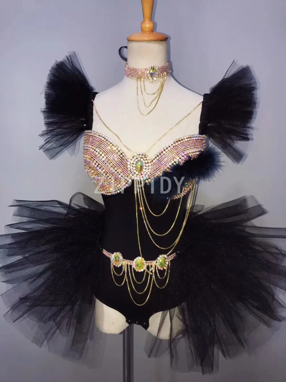 2018 Black Mesh Rhinestones Chains Bodysuit Women's Birthday Celebrate Nightclub Dance Show Outfit Women Singer Prom Outfit