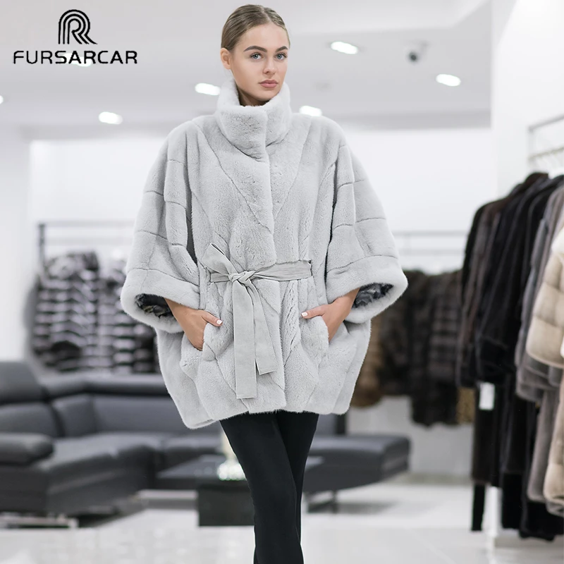 Женская норковая шуба с рукавом летучая мышь FURSARCAR длинная из натурального меха |