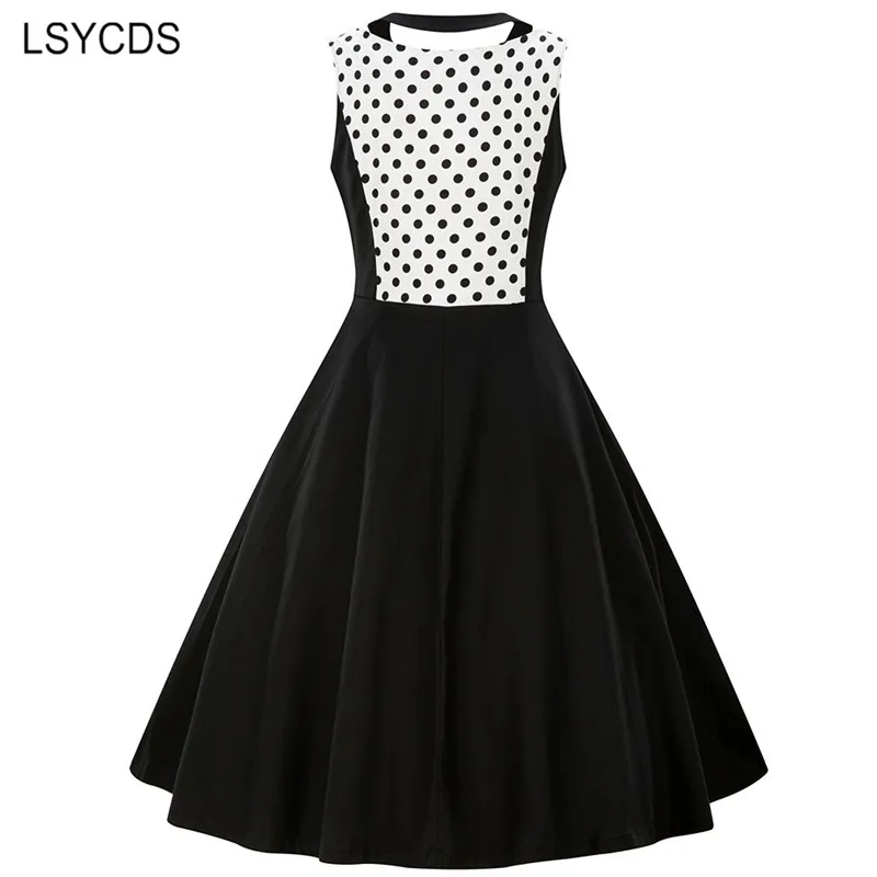 LSYCDS Women Summer Sexy Sleeveless Party Dresses 50s 60s Retro Style Ladies Rockabilly Swing Patchwork Vintage Dress Robe Femme | Женская