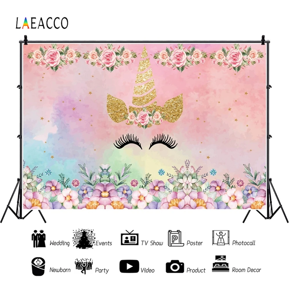 Laeacco Unicorn Flowers Little Birthday Communion Party Decorate Personalized Photography Backdrops Backgrounds For Photo Studio