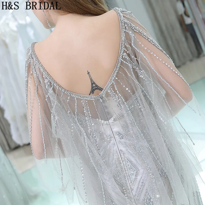 Женское вечернее платье Русалка H & S серебристое Прозрачное из тюля с глубокой