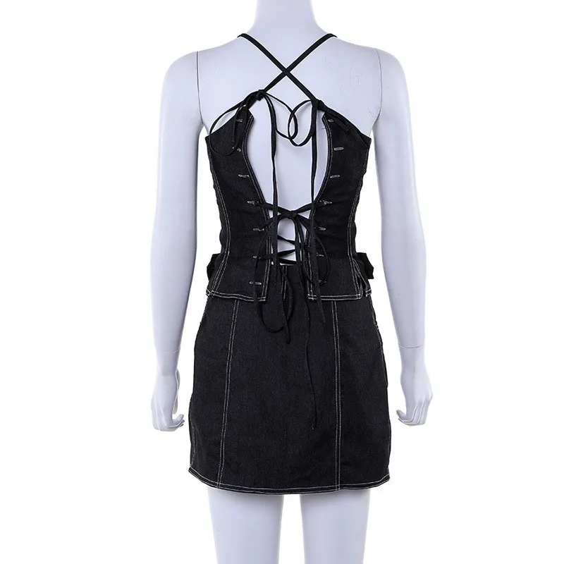 2019 New Brand Two Pieces Denim Sets Women High Street Sexy Backless Strappy Summer Camis And Skirts cwd0617-5 | Женская одежда