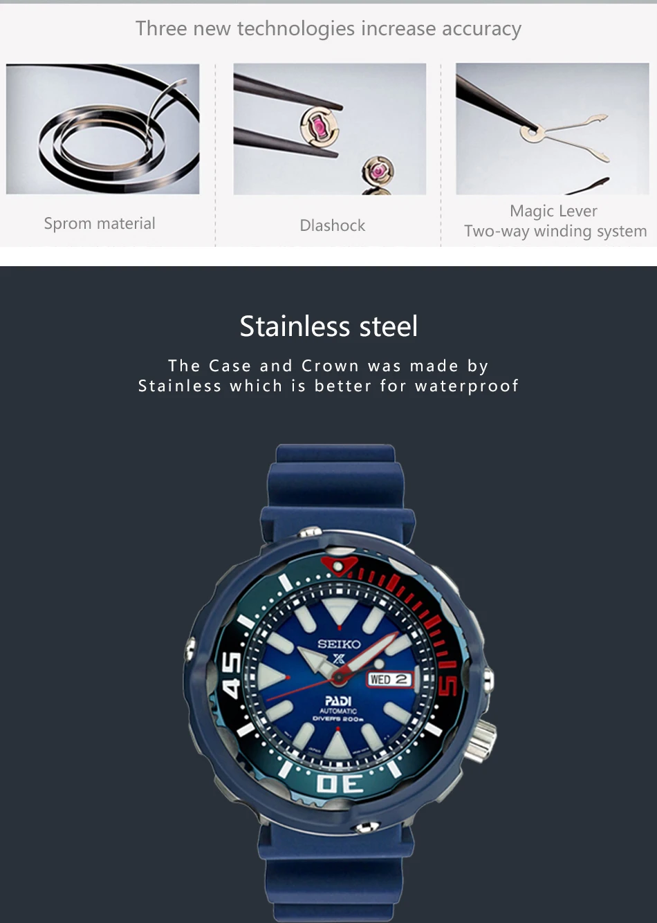 Оригинальные часы Seiko Padi, 20 бар, водонепроницаемые автоматические мужские часы, высокопрочные ремешки из смолы для ныряльщика, для плавания SRPA83J1