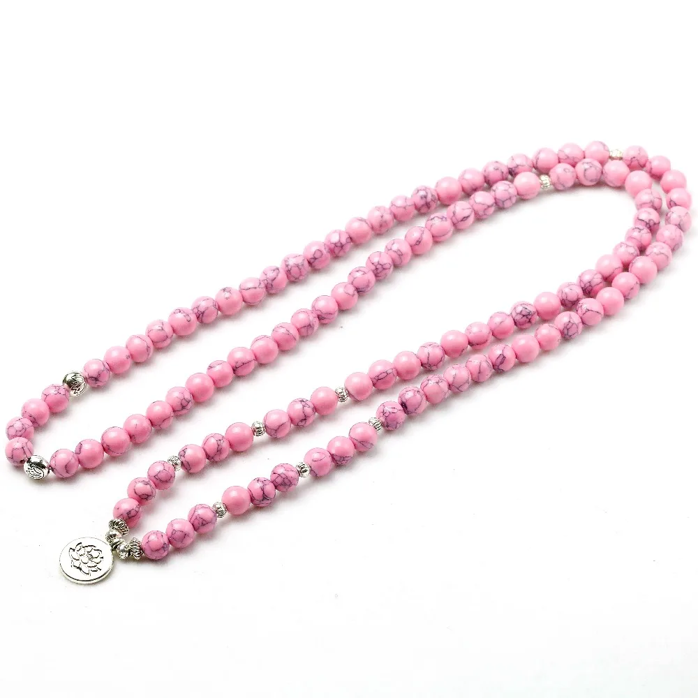 Розовый Howlite камень Исцеление чакра 108 молитвенные бусы Мала Браслет Женские Ювелирные изделия наручные Ом буддийские браслеты