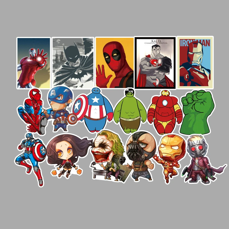 50 шт./партия наклейки для MARVEL Super Hero DC наклейки на ноутбуки холодильник автомобиля ноутбук скейтборд Бэтмен Супермен, Халк