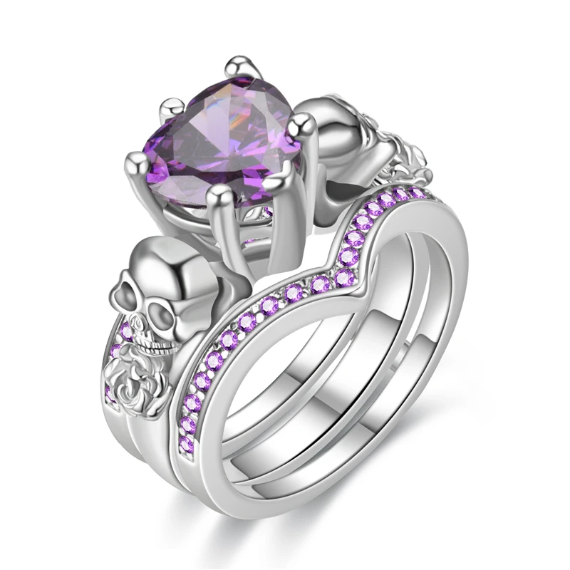 silver purple Готический череп палец черный серебряный женские обручальные кольца набор для женщин девушка красное сердце кристалл CZ Роза ювелирные изделия подарок дропшиппинг - Цвет основного камня: silver purple