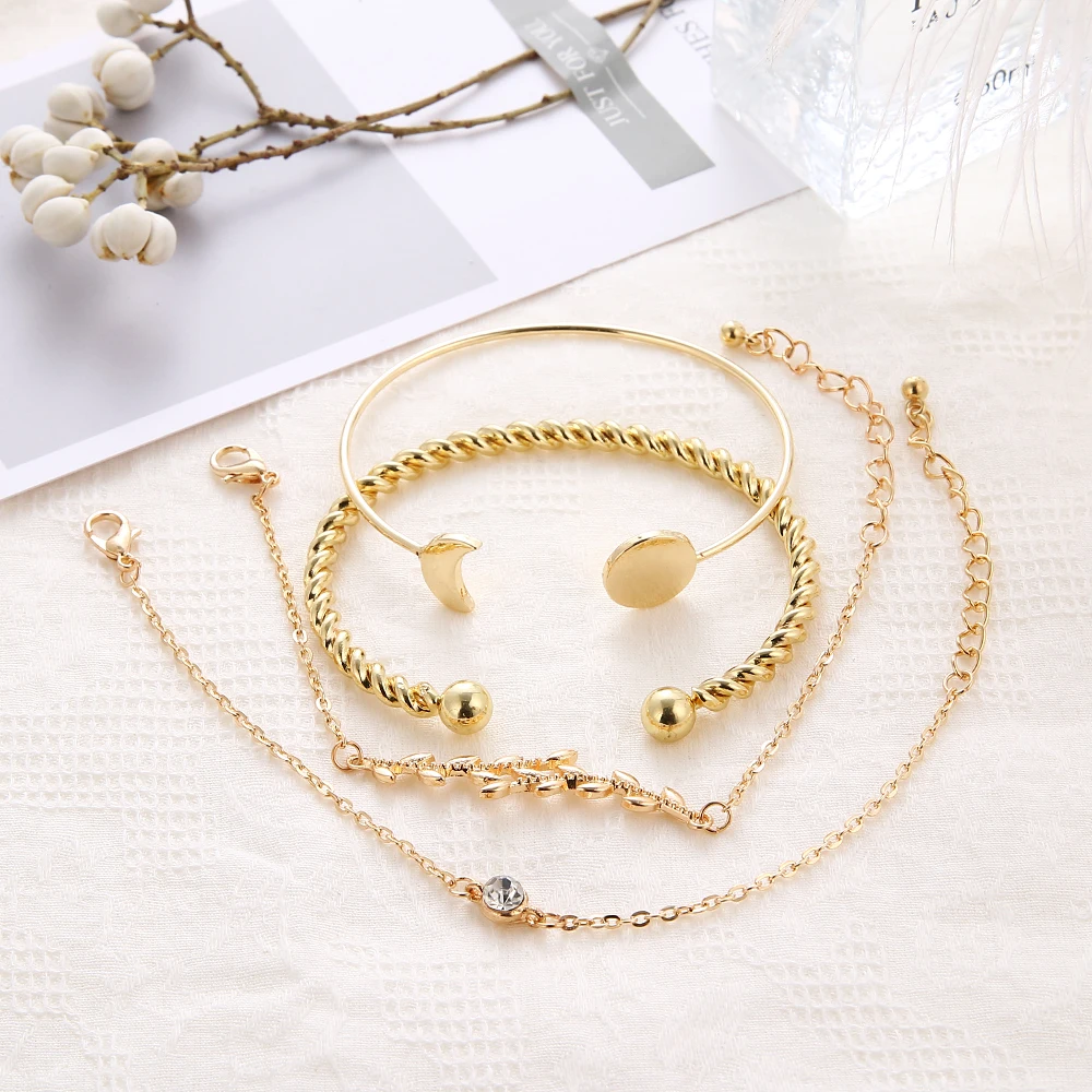 4 шт./компл. модные золотые браслеты с листьями кристаллами геометрический