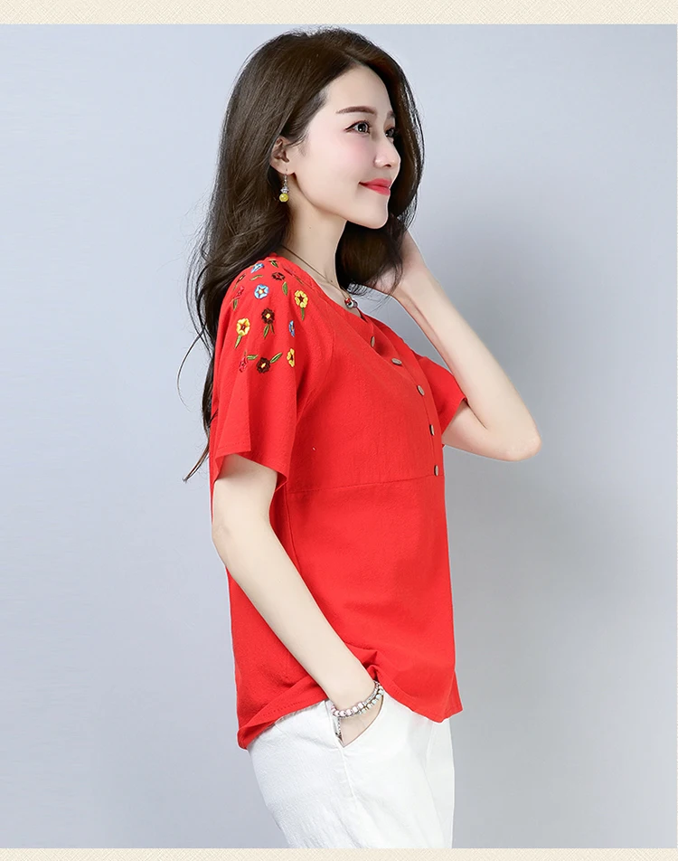 Button V-Neck Summer Tshirt Short Sleeve Retro Embroidery Flowers T-Shirt Loose Breathable Cotton Linen Tops Women Clothing | Женская