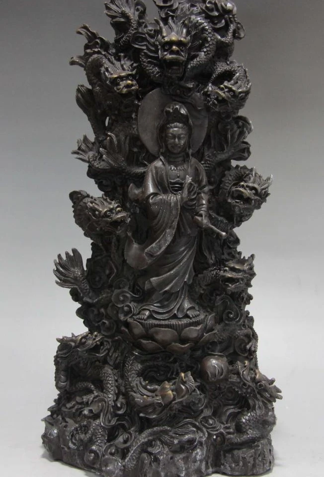 

Tibet Buddhism Copper Bronze Nine Dragon Guan Yin Kwan-yin Boddhisattva Statue